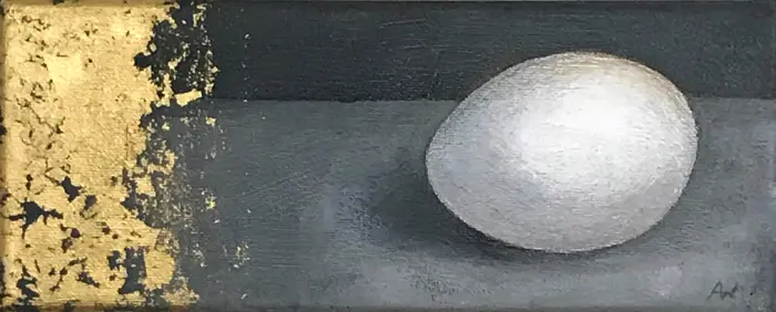 Antje Weber, Egg, 100 euro, Acrylic and gold leaf on canvas, unframed, 10x25 cm