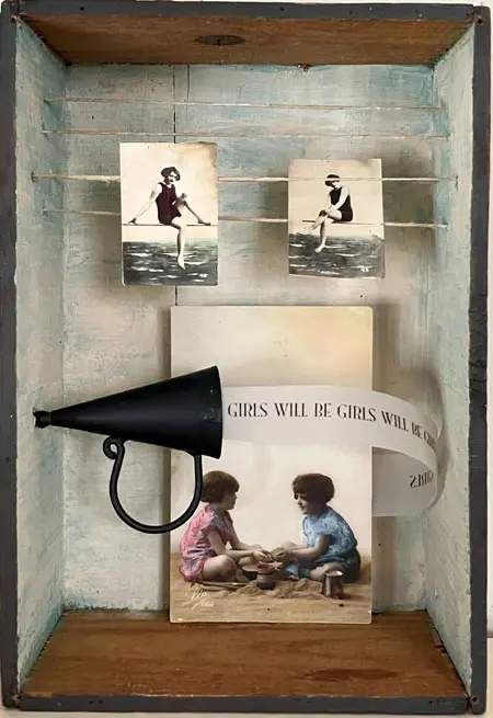 Antje Weber, Girls will be girls, 130 euro, Mixed media and collage in box, 18x9x25 cm