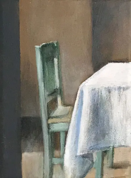 Antje Weber, Green chair, 90 euro, Acrylic on canvas (unframed), 18x13 cm