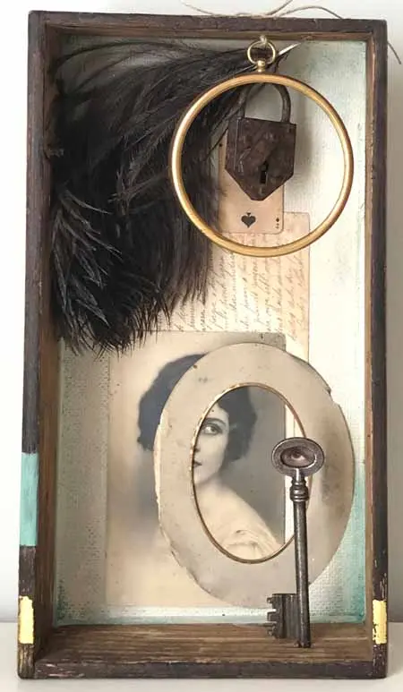 Antje Weber, Here is looking at you, 120 euro, Mixed media and collage in box, 16x30x6 cm