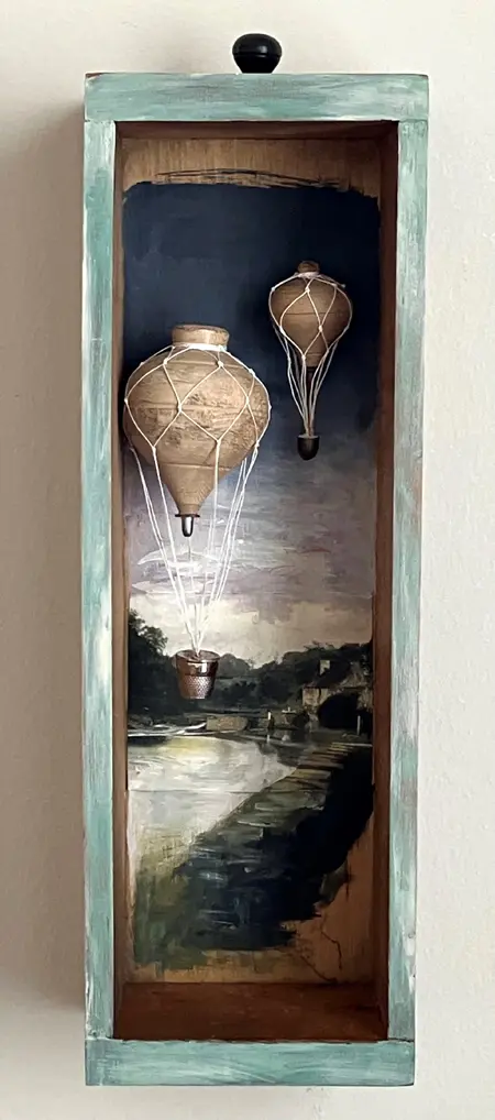 Antje Weber, Hot Air Balloons, 150 euro, Mixed media in old drawer, 38x12x9 cm