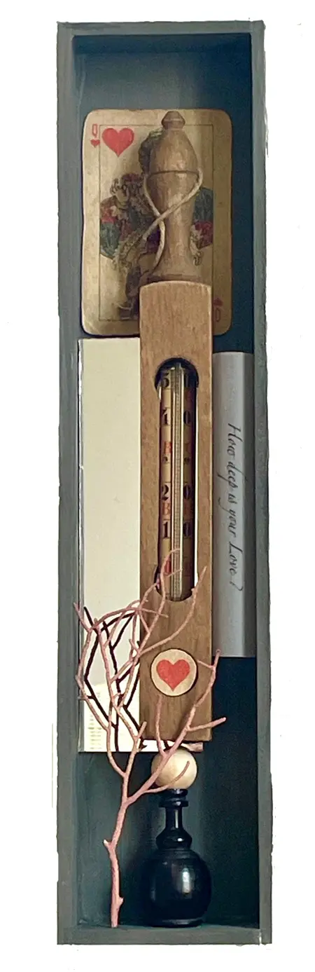 Antje Weber, How deep is your love, 140 euro, Mixed media in vintage box with thermometer coral and miror, 8,5 x36x4 cm