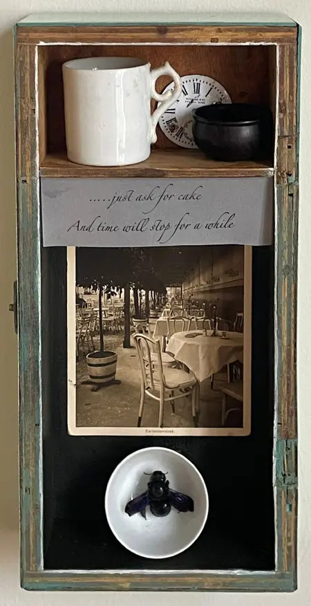 Antje Weber, Just ask for cake, 130 euro, Mixed media in vintage box, 13x26x5 cm