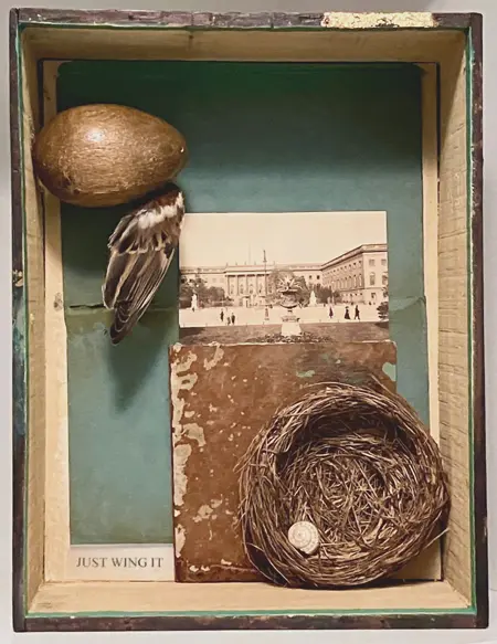 Antje Weber, Just Wing it, 150 euro, Mixed media in vintage cabinet, 25x20x9 cm