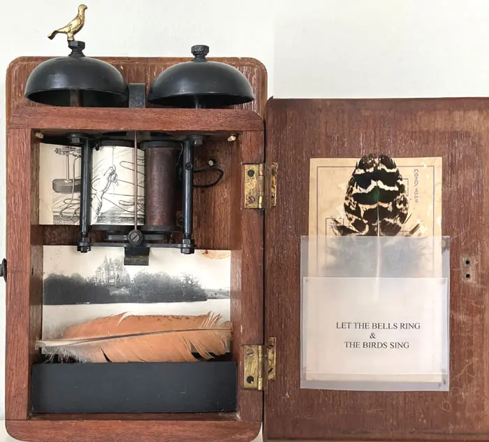 Antje Weber, Let the bell ring, 150 euro, Mixed media and collage in wooden box, 17x27x9 cm