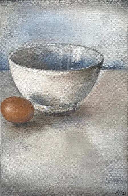 Antje Weber, Little bowl with egg, 80 euro, 30x20 cm, Acrylic on canvas, unframed
