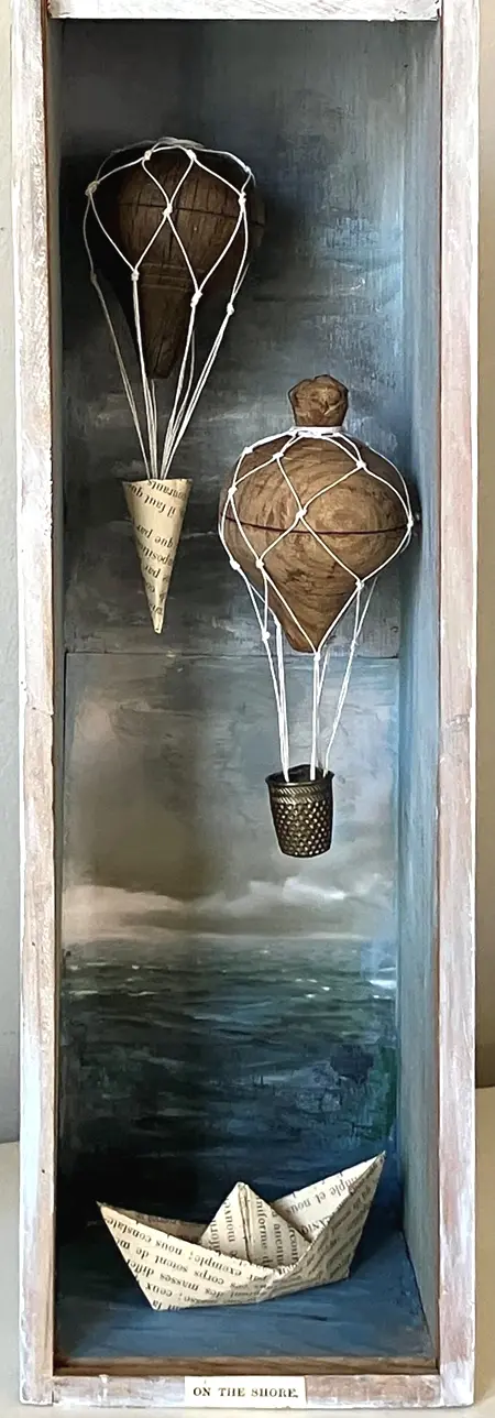 Antje Weber, On the Shore, 150 euro, Collage with vintage spinning top, 10x30x9 cm