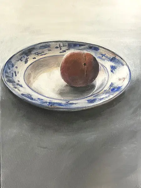 Antje Weber, Peach on plate, 280 euro, Acrylic on canvas, unframed, 40x30 cm