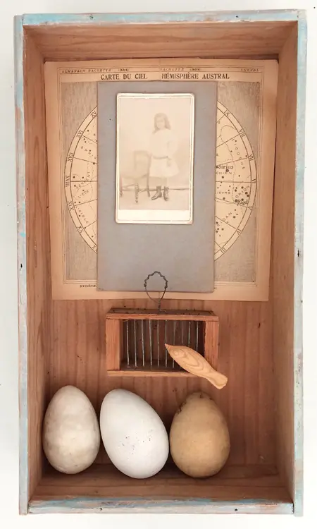 Antje Weber, Shadowbox: birds should fly, Mixed media in box with plexiglass, 34x5x20x8 cm, €.150,-