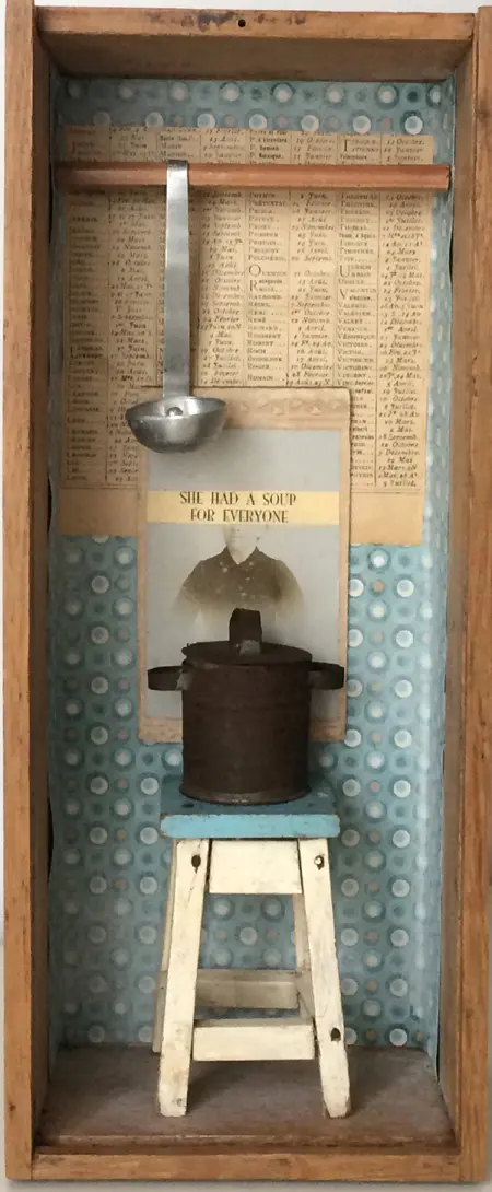 Antje Weber, She had soup for everyone, Mixed media/collage in old wooden box, 12x29x9 cm, €.150,-