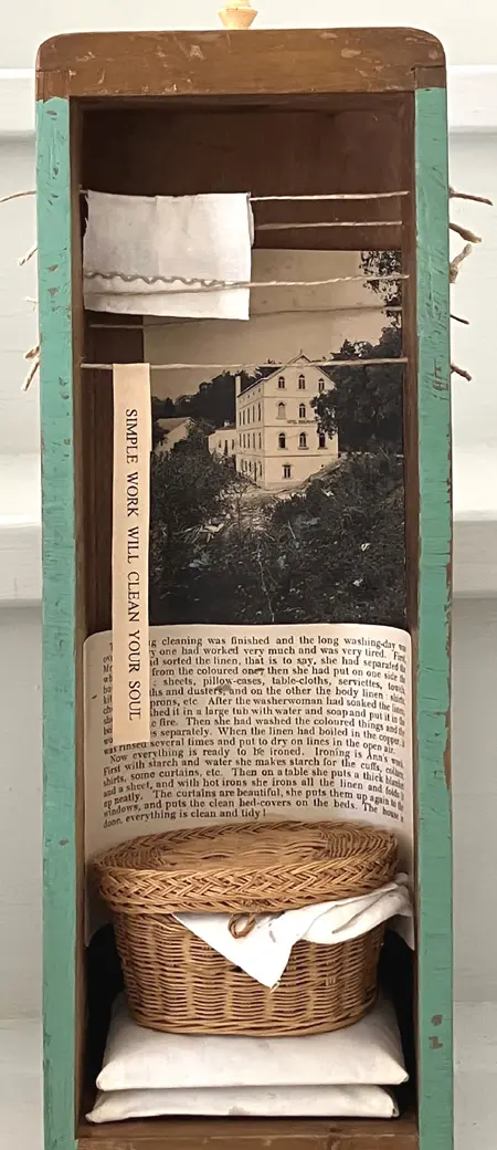 Antje Weber, Simple work, 130 euro, Mixed media and collage in wooden box, 12x34x8 cm