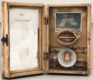 Antje Weber, Smile you're beautiful, 120 euro, Mixed media and collage in box, 20x13x7 cm