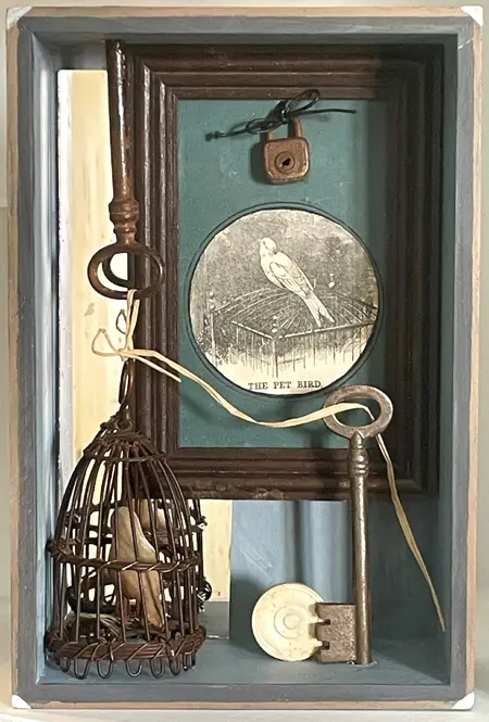 Antje Weber, The pet bird, 150 euro, Mixed media in box, 15x23x6 cm