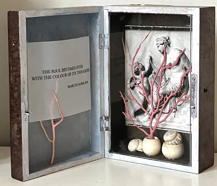 Antje Weber, The soul becomes dyed, 130 euro, Mixed media with coral and ivory, 15x20x4 cm