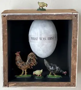 Antje Weber, What was first, 90 euro, Mixed media in box, 11x11x7 cm