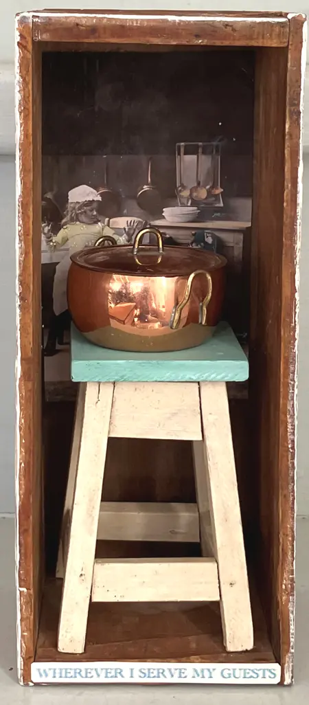 Antje Weber, Whatever I serve my guests, 100 euro, Mixed media in old drawer, 8x20x7 cm