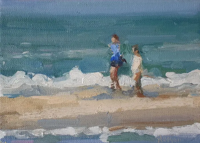 Bairbre Duggan, Beach Walkers, 350 euro, Oil on canvas in wooden frame, 13x18 cm