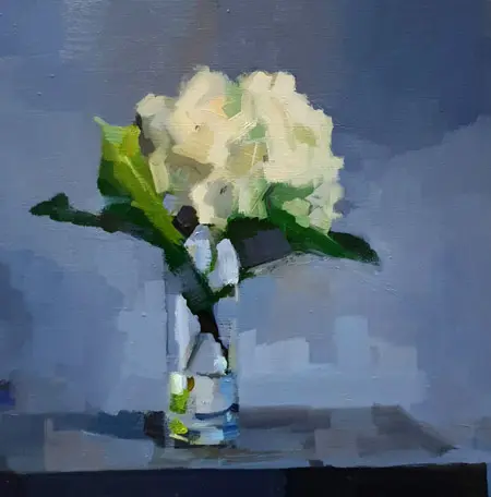 Bairbre Duggan, Bright Hydragea, Oil on panel in white wooden frame, 30x30 cm, €.895,-