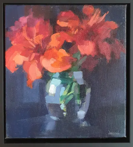 Bairbre Duggan, Deep Red Lillies, 1150 euro, Oil on panel in black frame, 27x30 cm