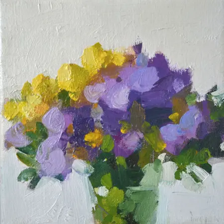 Bairbre Duggan, Freesia's, 650 euro, Oil on canvas in white wooden frame, 20x20 cm