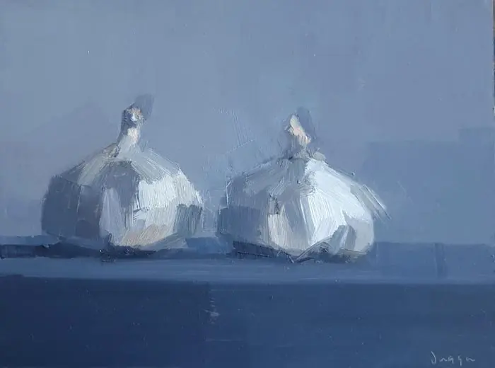 Bairbre Duggan, Garlic, 450 euro, Oil on wood (black frame), 18x24 cm