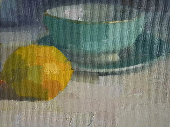 Bairbre Duggan, Lemon and bowl, Oil on panel in frame, 15x20 cm, €.320,-
