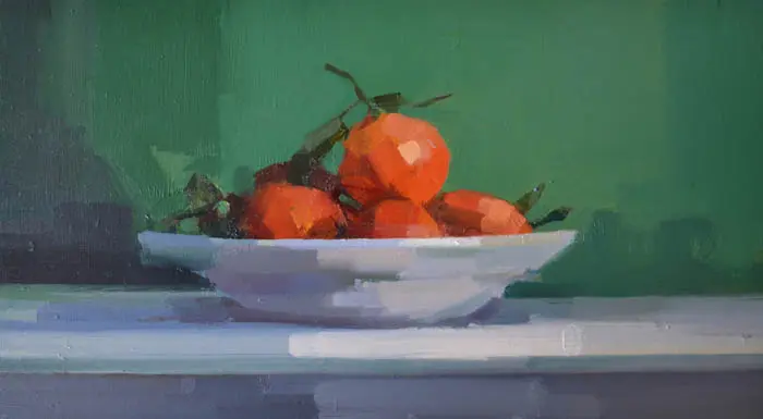 Bairbre Duggan, Mandarins, Oil on panel in frame, 24x43 cm, €.1050,-