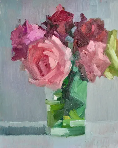 Bairbre Duggan, Pink and red roses, 750 euro, Oil on panel in whitewashed wooden frame, 20x25 cm