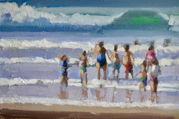 Bairbre Duggan, Wavewatchers, 990 euro, Oil on panel in grey frame, 20x30 cm