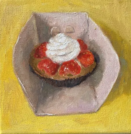 Berber Boom, Aardbeien taartje, Oil on canvas, 20x20 cm, €.150,-
