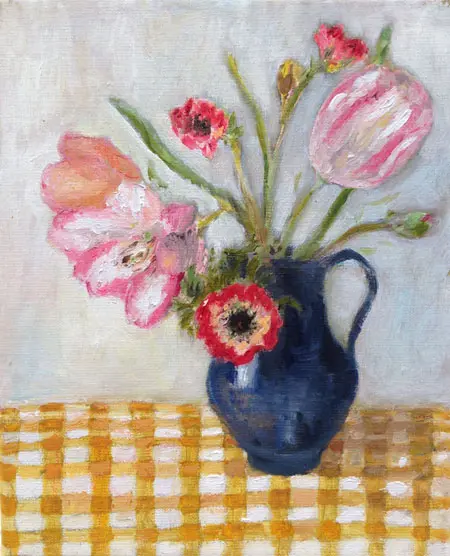 Berber Boom, Boeket op geruit kleed, Oil on canvas, 30x24 cm, €.225,-