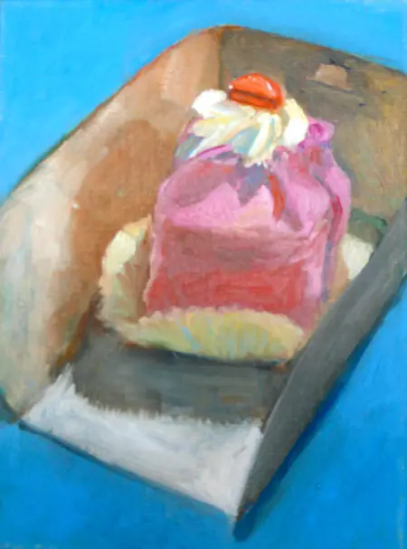 Berber Boom, Taartje met roze marsepein, Oil on canvas, 18x24 cm, €.150,-