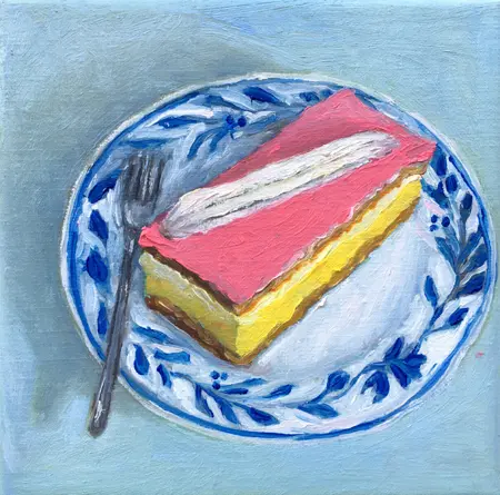 Berber Boom, tompouce op blauw bord, Oil on canvas, 20x20 cm, €.150,-