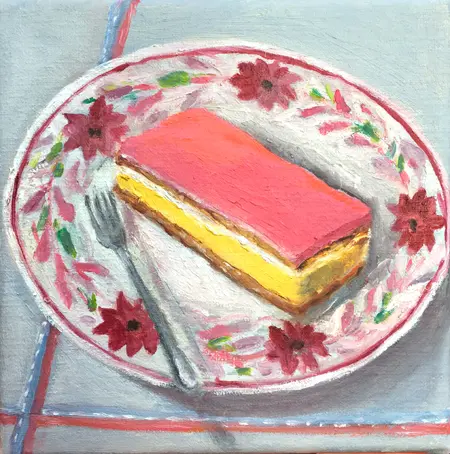 Berber Boom, tompouce op roze bord, Oil on canvas, 20x20 cm, €.150,-