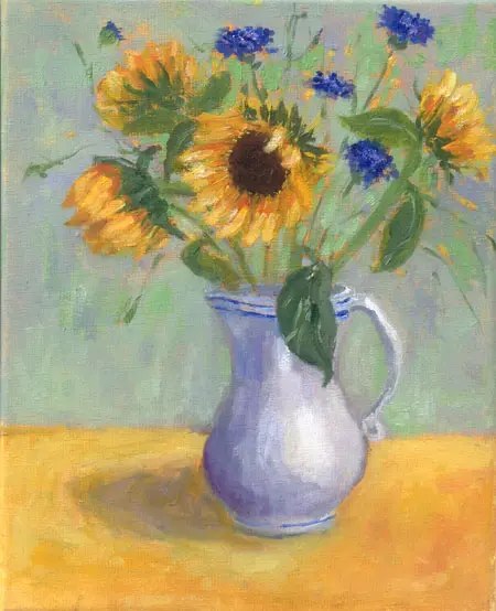 Berber Boom, Zonnebloemen in houten lijst, Oil on canvas, 30x24 cm, €.250,-