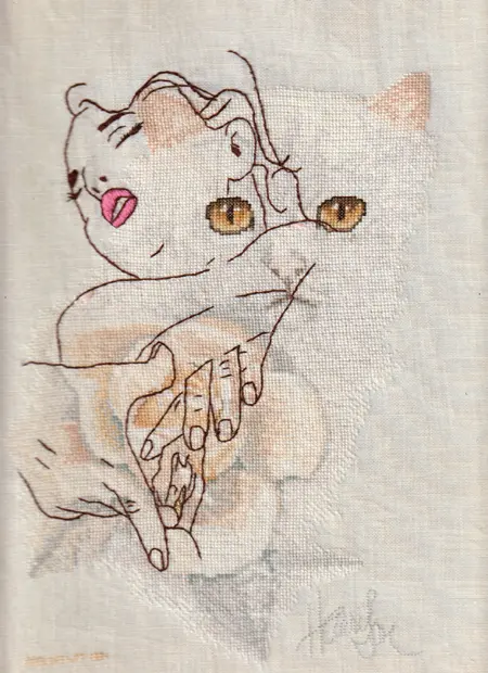 Bho Roosterman, Poessie mauw 3, 150 euro, Embroidery in black frame, 30x20 cm