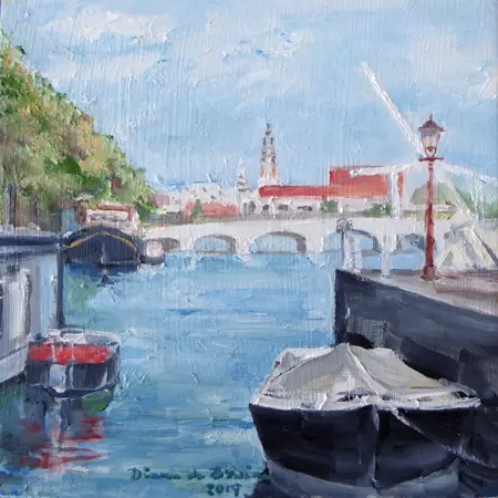 Diana de Bruin, Amstel met Stopera, Oil on wood, 20x20 cm, €.175,-