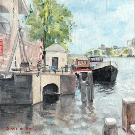 Diana de Bruin, Amstel vanaf de Blauwbrug, 195 euro, Oil on panel, unframed, 20x20 cm