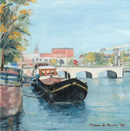 Diana de Bruin, Amstel, Stopera en Magere Brug, Oil on panel, 20x20 cm, €.175,-
