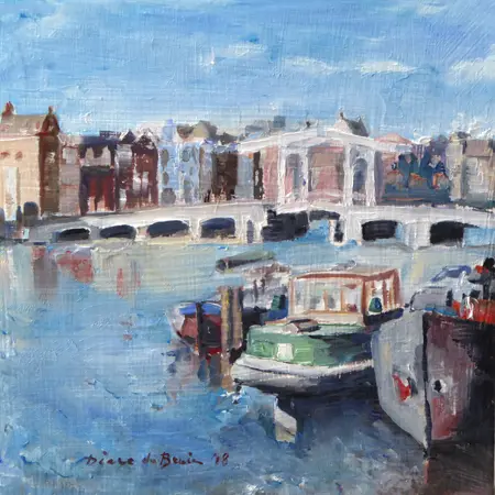 Diana de Bruin, Boten bij de Magere brug, Oil on panel, 20x20 cm, €.175,-