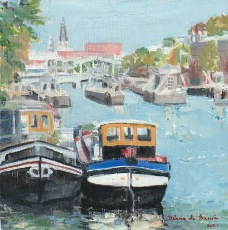 Diana de Bruin, Boten op de Amstel, 20x20 cm, 175,- oil on panel (unframed)