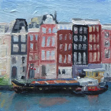 Diana de Bruin, Huizen aan de Amstel, Oil on panel, 12x12 cm, €.125,-