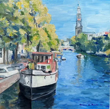 Diana de Bruin, Prinsengracht/Westertoren, Oil on panel, 30x30 cm, €.275,-