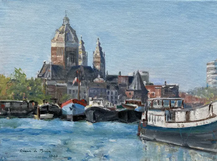 Diana De Bruin, St Nicolaaskerk vanaf het Oosterdok, Oil on canvas in wooden frame, 30x40 cm, €.325,-