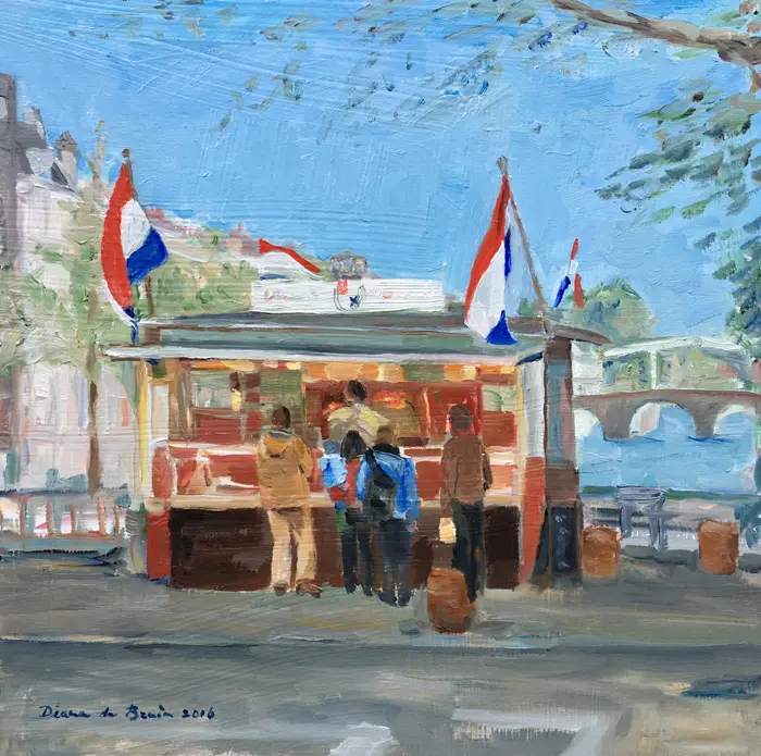 Diana de Bruin, Vishuisje bij Herengracht-Utrechtsestraat, Oil on panel, 30x30 cm, €.275,-
