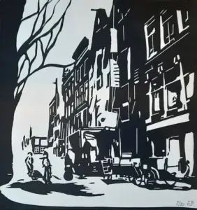 Edith Brouwer, Amsterdam, 255 euro, Linocut in wooden frame, 20x18 cm