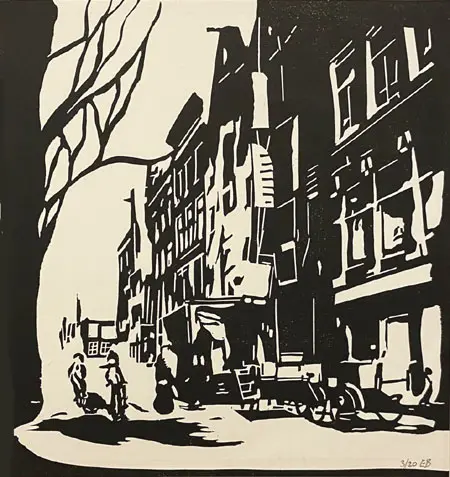 Edith Brouwer, Amsterdam, 240 euro, Linocut in wooden frame, 20x18 cm
