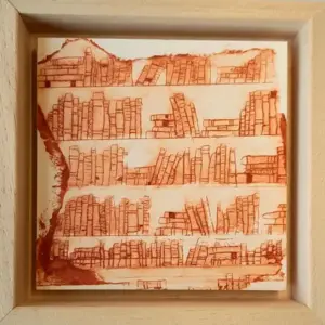 Edith Brouwer, Boekenkast 2, 75 euro, Linocut on wood in wooden frame, 10x10x3 cm