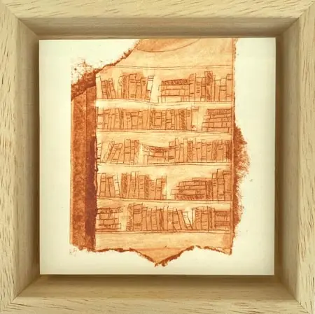 Edith Brouwer, Boekenkast, 75 euro, Linocut on panel in wooden frame, 10x10x3 cm