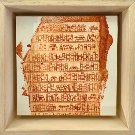 Edith Brouwer, Boekenkast, 75 euro, Linocut on wood in wooden frame, 10x10x3 cm